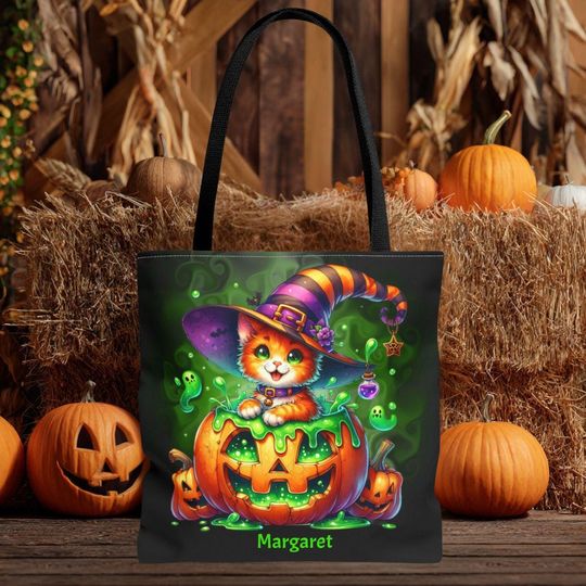 Discover Halloween Cat Tote Bag, Cute Pumpkin Design, Trick or Treat Bag, Fall Fashion Accessory, Casual Everyday Use