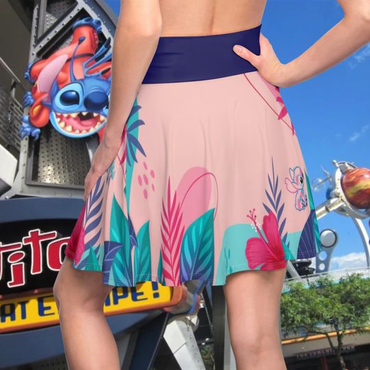 Aloha Floral Stitch (Lilo & Stitch) Women's Skater Skirt, Stich and Lilo Cosplay, Tropical Skirt, Disneyworld Bounding, Run Disney Outfits