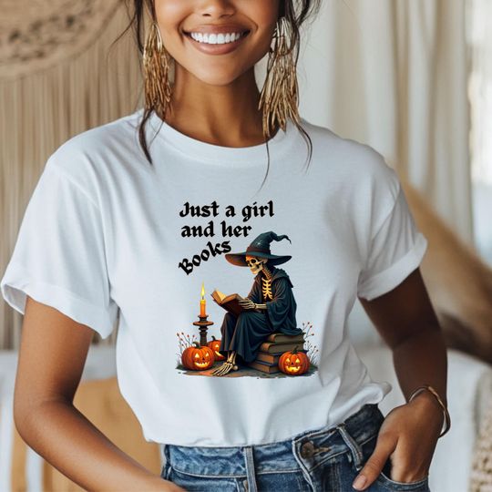 Discover Witchy Book Lover T-Shirt, Halloween Skeleton Tee