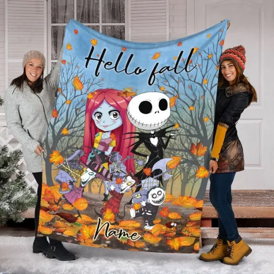 Personalized Jack Sally Lock Shock And Barrel Hello Fall Halloween Gift Blanket