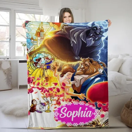 Discover Personalized Happy Valentine's Day Beauty And The Beast Fleece & amp, Sherpa Blanket