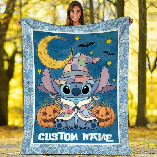 Discover Personalized Cute Stitch Halloween Pumpkin Spooky Vibes Trick Or Treat Blanket