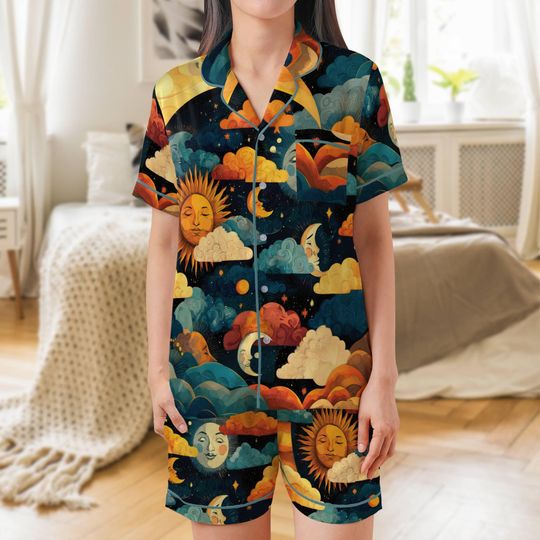Sun & Moon Satin Short Pajama Set with Pocket for Women