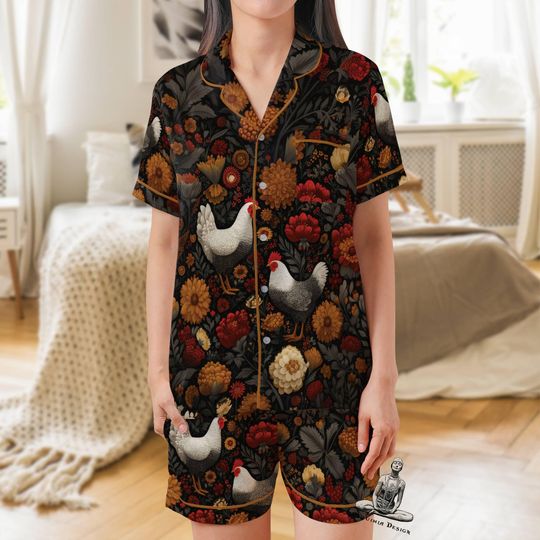 Discover Chicken Pajama Set: Women's Satin Short Sleeve Sleepwear