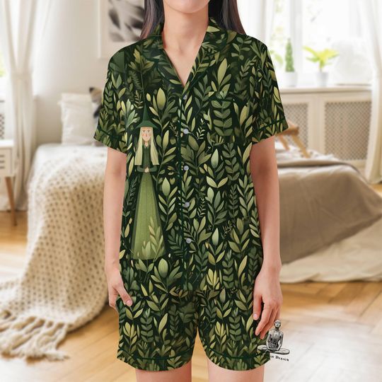 Green Witch Satin Pajama Set with Pockets, Short Sleeve Sleepwear