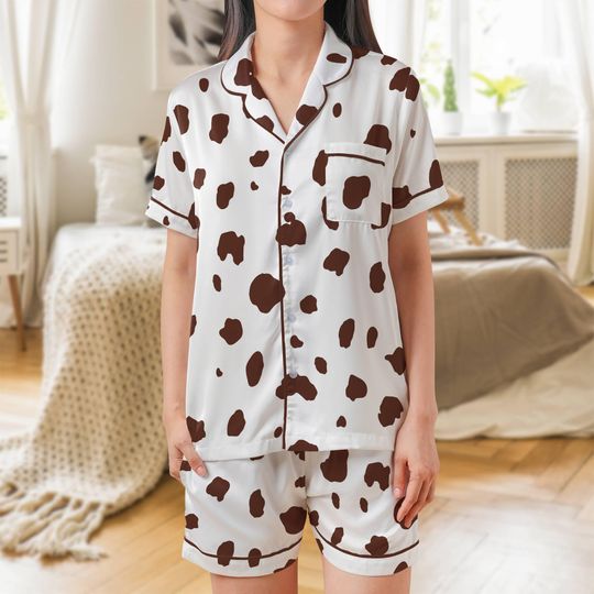 Brown Dalmatian Satin Short Pajama Set with Pocket for Women