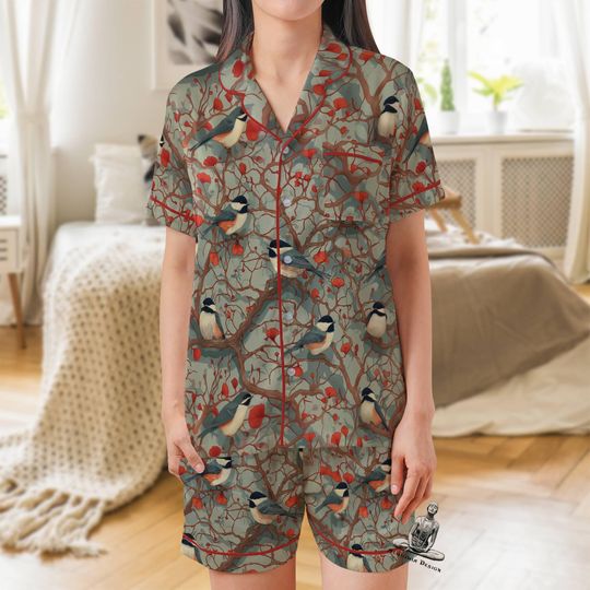 Discover Chickadee Satin Pajama Set: Bird Lover Short Sleeve Sleepwear