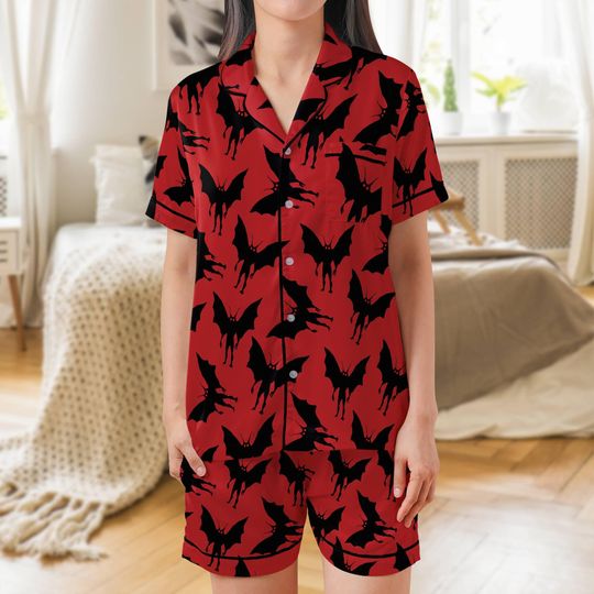 Discover Women's Red Satin Short Sleeve Pajama Set with Pocket