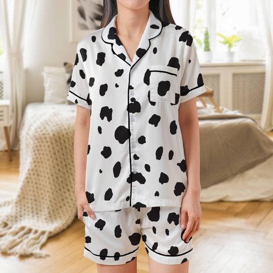 Discover Dalmatian Print Satin Short Pajama Set with Pockets for Women