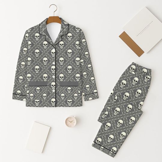Skull Pajama Set, Gothic Halloween Sleepwear, Dark Academia PJs