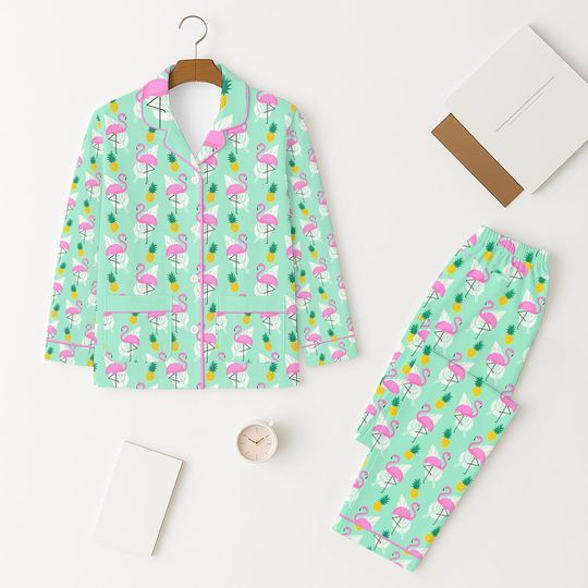 Discover Tropical Flamingo Pajama Set, Pink Flamingo & Pineapple Sleepwear