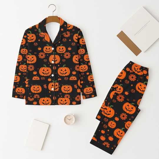 Discover Black Halloween Pumpkin Pajama Set with Scary Pumpkin Face, Long Sleeve Shirt