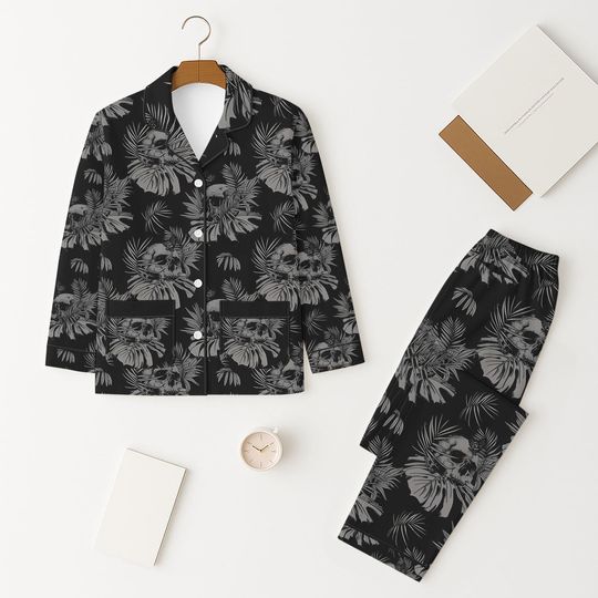 Gothic Skull Pajama Set with Floral and Tropical Leaves