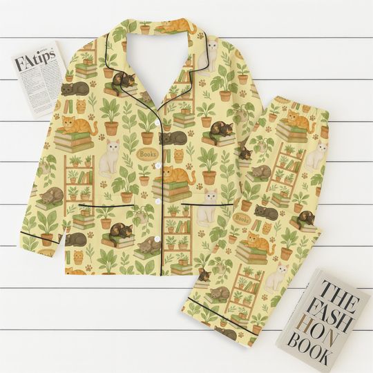 Cat Books and Plant Pajama Set, Cozy Loungewear for Adults