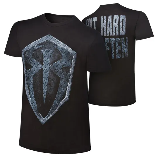 Wrestling Entertainment ROMAN REIGNS HIT HARD HIT OFTEN METALLIC LOGO BLACK T-SHIRT