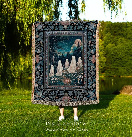 Discover Dark Forest Spirits Ethereal Blanket | Whimsigothic Woven Tapestry Halloween Decor Floral Gothic Maximalist Mystic Cottagecore Home Accent |