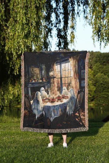 Discover Ghost Tea Party Woven Blanket, Halloween Tapestry Blanket for Cozy Fall Decor, Ghostcore Fall Gift for Pumpkin Lovers and Spooky Season Fans
