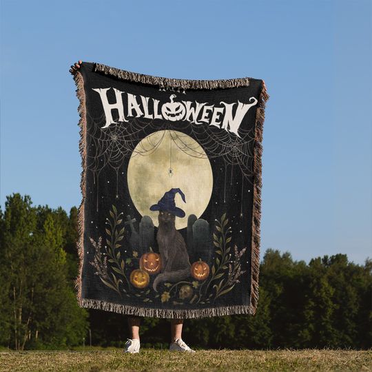Halloween Woven BlanketNight Moon Pumpkin Sofa BlanketBlack Cat Wall TapestryCreative Bedroom CarpetHalloween Decoration Gift