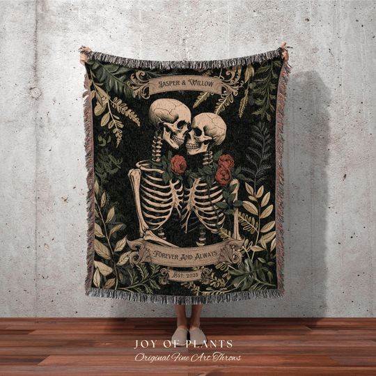 Discover Skeleton Lovers Personalized Blanket | Gothic Wedding Custom Blanket Woven Tapestry Spooky Wedding Personalized Anniversary Gift For Goths |