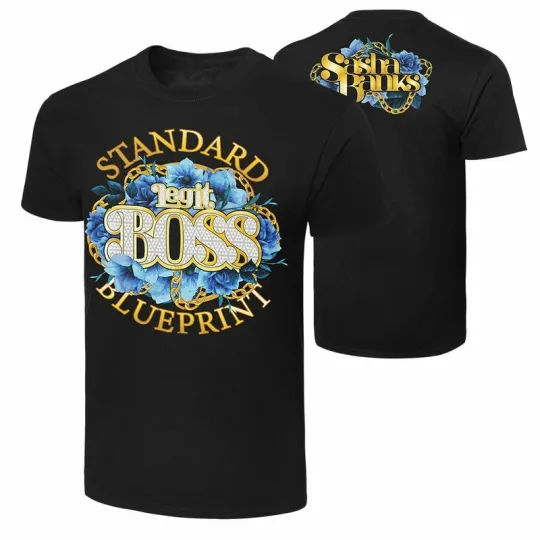 Discover Wrestling Entertainment SASHA BANKS “STANDARD BLUEPRINT LEGIT BOSS” BLACK T-SHIRT