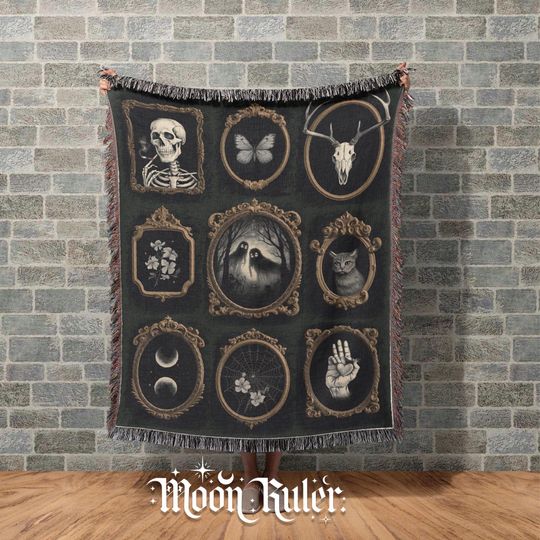 Discover Gothic Curiosity Tapestry Woven Blanket Skeleton Ghosts Occult Frame Illustrations Gift Oddities Dark Academia Decor Witchy Motifs