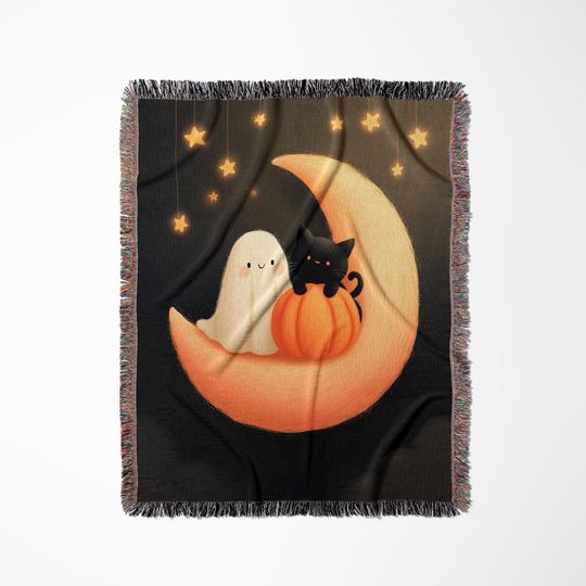 Celestial Ghost and Cat Woven Blanket: Starry Halloween Nursery Throw
