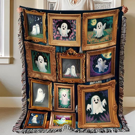 Discover Retro Halloween Ghost Woven Throw Blanket: Spooky Gothic Home Decor