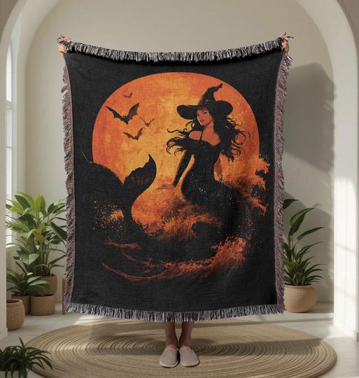 Discover Halloween Mermaid Witch   Woven Blanket, Gothic Fantasy Lover Woven Throw, Spooky Full Moon Tapestry Blanket, Wiccan Witchcraft.