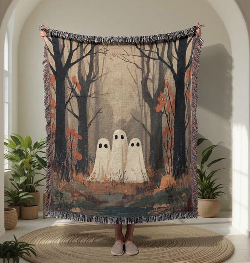 Discover Ghost In Forest   Woven Blanket, Spooky Season Throw Blanket, Halloween Lover Gift Woven Throw, Witchy Friend Tapestry Blanket
