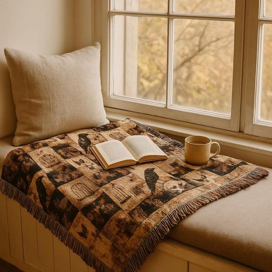 Discover Raven Gothic Woven Fringe Blanket, Dark Academia Throw, Halloween Tapestry Decor, Bookish & Witchy Gift