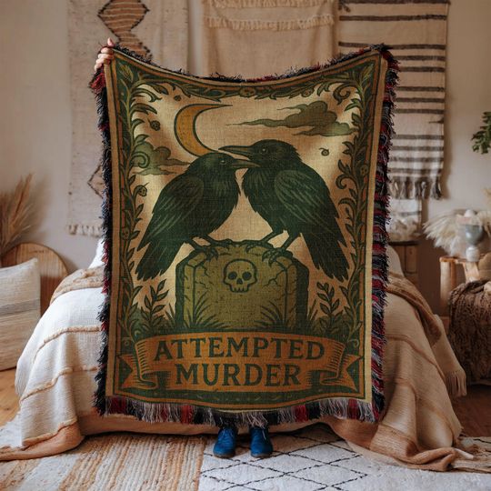 Discover Gothic Raven Cotton Woven Blanket: Spooky Halloween Tapestry