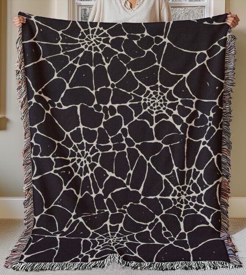 spider web woven blanket, spooky halloween gothic web woven tapestry, web woven throw blanket, spooky season spiderweb black woven blanket