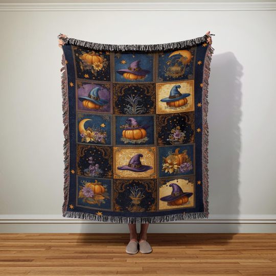 Discover Celestial Witch Woven Throw Blanket | Magical Pumpkin Patchwork Halloween Decor | Whimsigoth Blanket