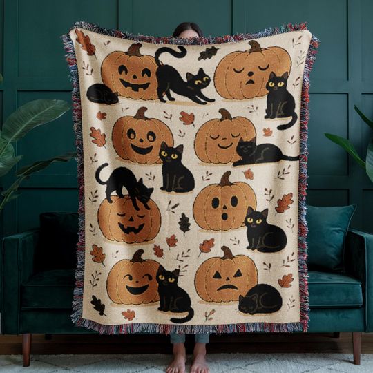 Discover Black Cat Pumpkin Blanket, Halloween Woven Tapestry, Cute Spooky Fall Decor, Autumn Jack OLantern Blanket, Gift for Cat Lover, Cozy October