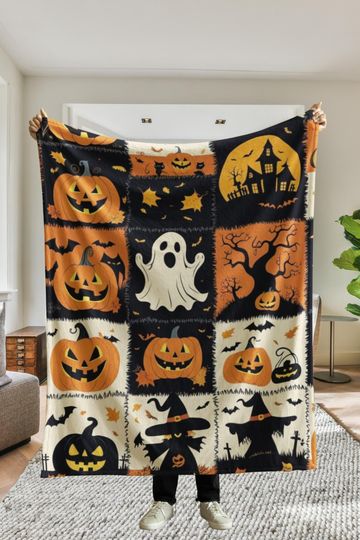 Discover Halloween Vintage Retro Woven Blanket, Halloween Vintage Pumpkin Woven Tapestry, Halloween Ghost Scary Tapestry, Spooky Fall Blanket