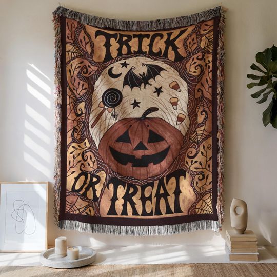Trick or Treat Woven Blanket, Vintage Halloween Tapestry Blanket for Cozy Fall Decor, Pumpkin and Candy Gift for Spooky Season Home Styling