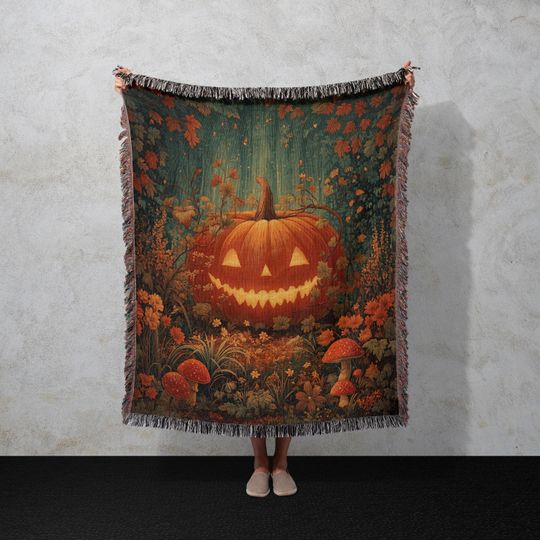 Autumn Pumpkin Blanket, Halloween Jack O Lantern Tapestry, Enchanted Forest Wall Art, Cozy Spooky Blanket, Witchy Cozy Autumn Decor