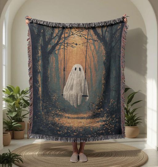 Discover Ghost On Swing 100% Cotton Woven Blanket, Halloween Gift For Best Friend Woven Tapestry, Spooky Season Hobby Throw Blanket, Reading Nook