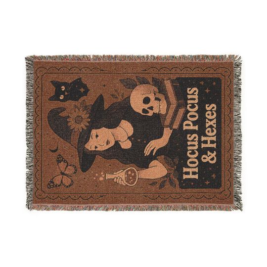 Discover Woven Throw Blanket with Witch Design, Cozy Halloween Decor, Perfect for Fall Gatherings, Gift for Horror Fans, Bohemian Home Accents
