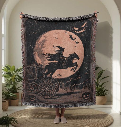 Headless Horseman  Woven Blanket, Halloween Decor Woven Throw, Gothic Witch Tapestry Blanket, Spooky Full Moon Couch Blanket