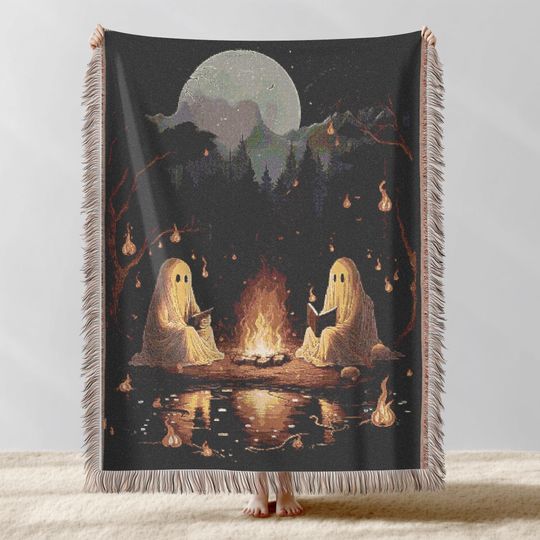 Discover Ghostly Campfire Woven Blanket, Halloween Throw, Cozy Reading Blanket, Spooky Home Decor, Haunted Living Room Accent