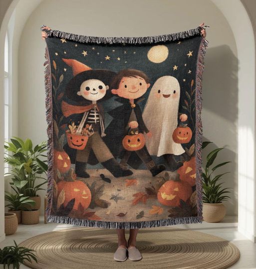 Discover Halloween 100% Cotton Woven Blanket, Kids Halloween Blanket, Trick Or Treat Blanket, Spooky Night Blanket, Fall Holiday Blanket, Costume