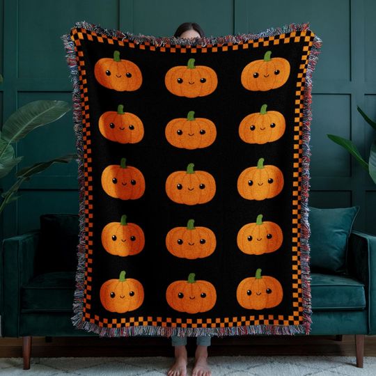 Discover Cute Pumpkin Pattern Blanket, Halloween Cozy Throw, Fall Cottagecore Decor, Autumn Woven Tapestry Gift, Kawaii Halloween, Spooky Season Gift