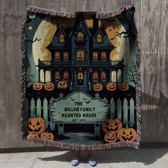 Discover Personalized Halloween Haunted House Woven Blanket: Custom Family Name Throw