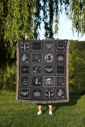Discover Witchy Gothic Woven Throw Blanket | Spooky Black Cat, Ghost, Skull, Bat Tapestry Cute Halloween Blanket, Dark Aesthetic Gift for Goth Homee