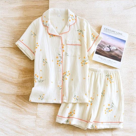 Women’s Short Pajama Set with Pockets, Floral Print Cotton Loungewear