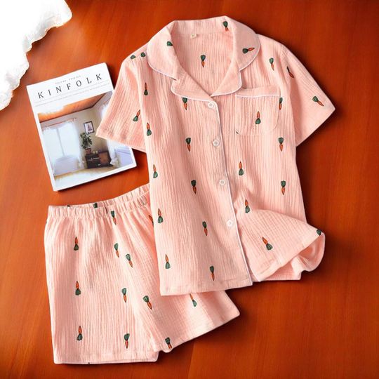 Discover Cotton Gauze Fabric Pyjama Set For Women, Comfy Sleepwear Short With Collared Shirt, Cute Two Piece Pyjama, Summer Style Short, Gift For Her