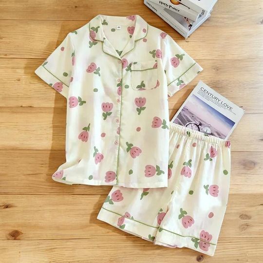 Discover Cute Two Piece Pyjama Set For Women, Smart Sleepwear Shorts & Lapel Collar Shirt, Summer Shorts, Printed Thin Cotton Pyjama, Gift For Her