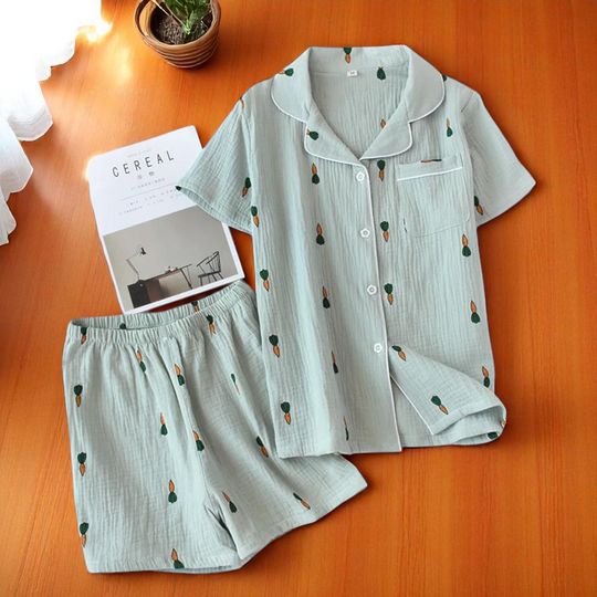 Discover Cute Two Piece Pyjama Set, Cotton Gauze Fabric Pyjama For Women, Comfy Sleepwear Short With Collared Shirt, Summer Style Short, Gift For Her