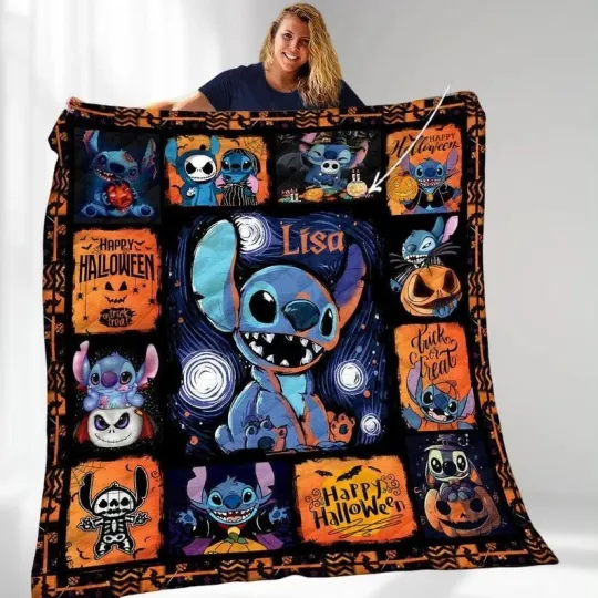 Personalized Stitch Pumpkin Happy Halloween Trick Or Treat Spooky Blanket